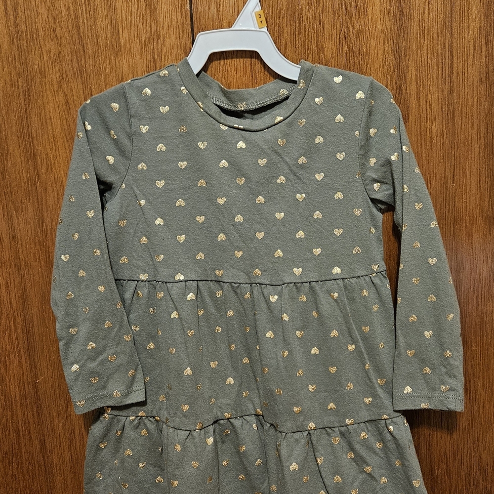 3T Girls Okie Dokie Olive Green Long Sleeve Heart Tiered Dress